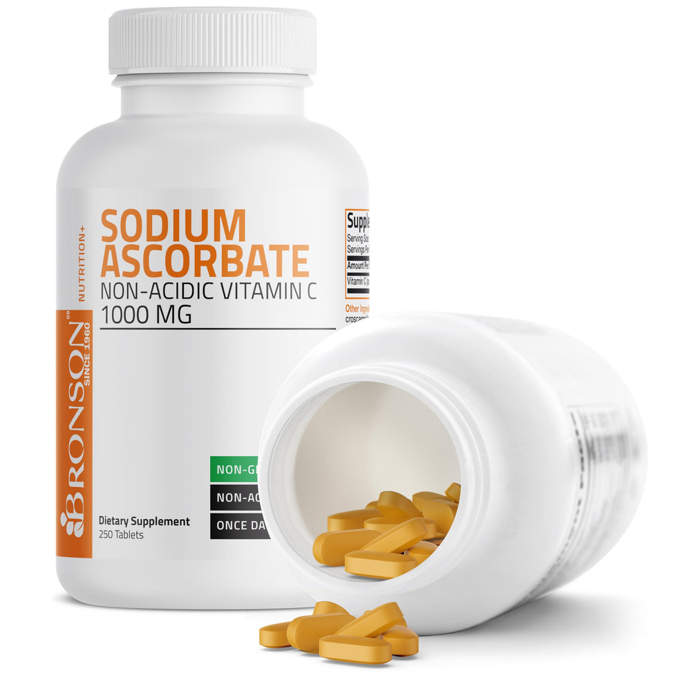 Bronson Sodium Ascorbate tablets GMO-free stamp on label