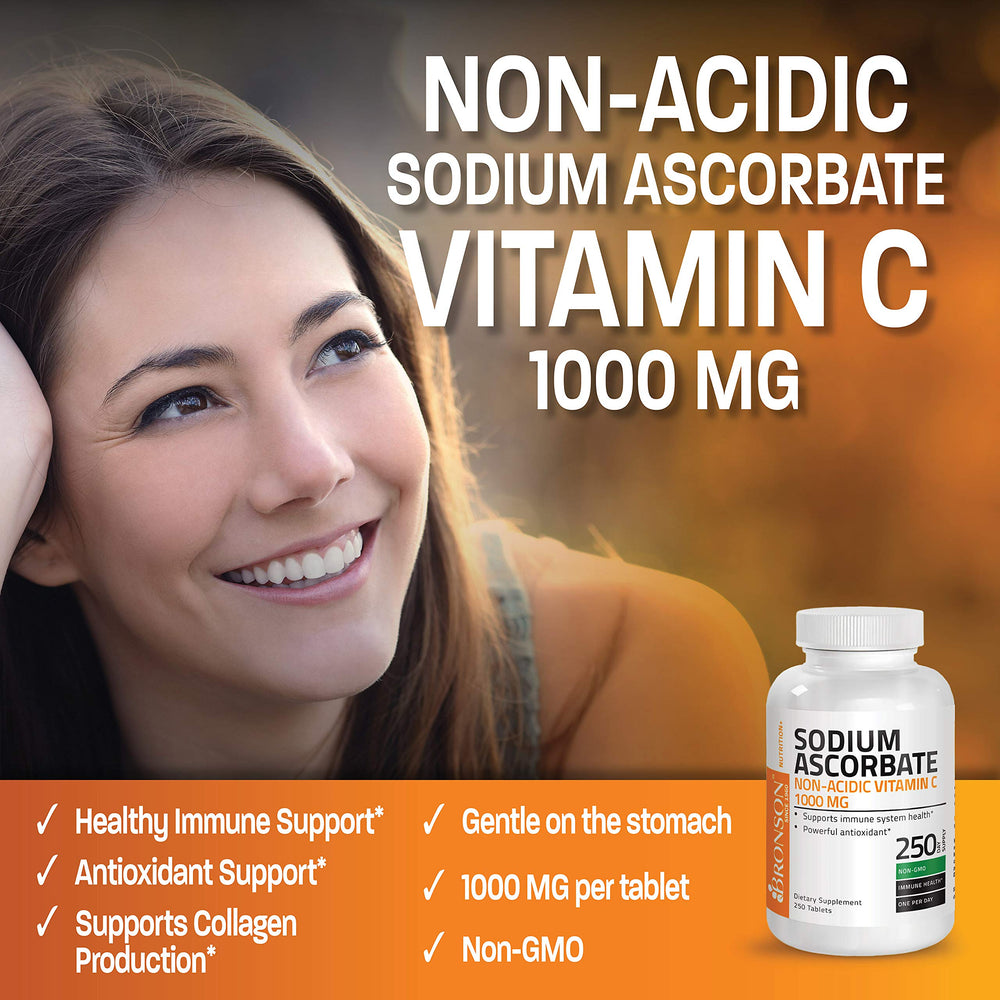 Bronson Sodium Ascorbate tablets packaging closeup, GMP facility badge visible