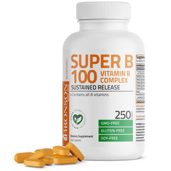 Bronson Super B 100 bottle front with capsules for daily energy support.