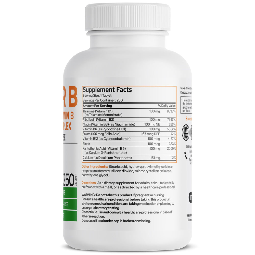 Bronson Super B 100 bottle side shows non-GMO, gluten-free, soy-free form.