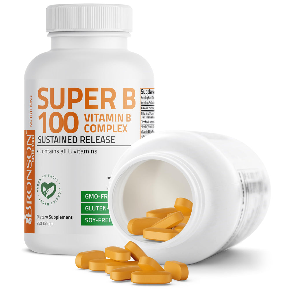 Bronson Super B 100 icon communicates non-GMO, gluten-free, and soy-free features.