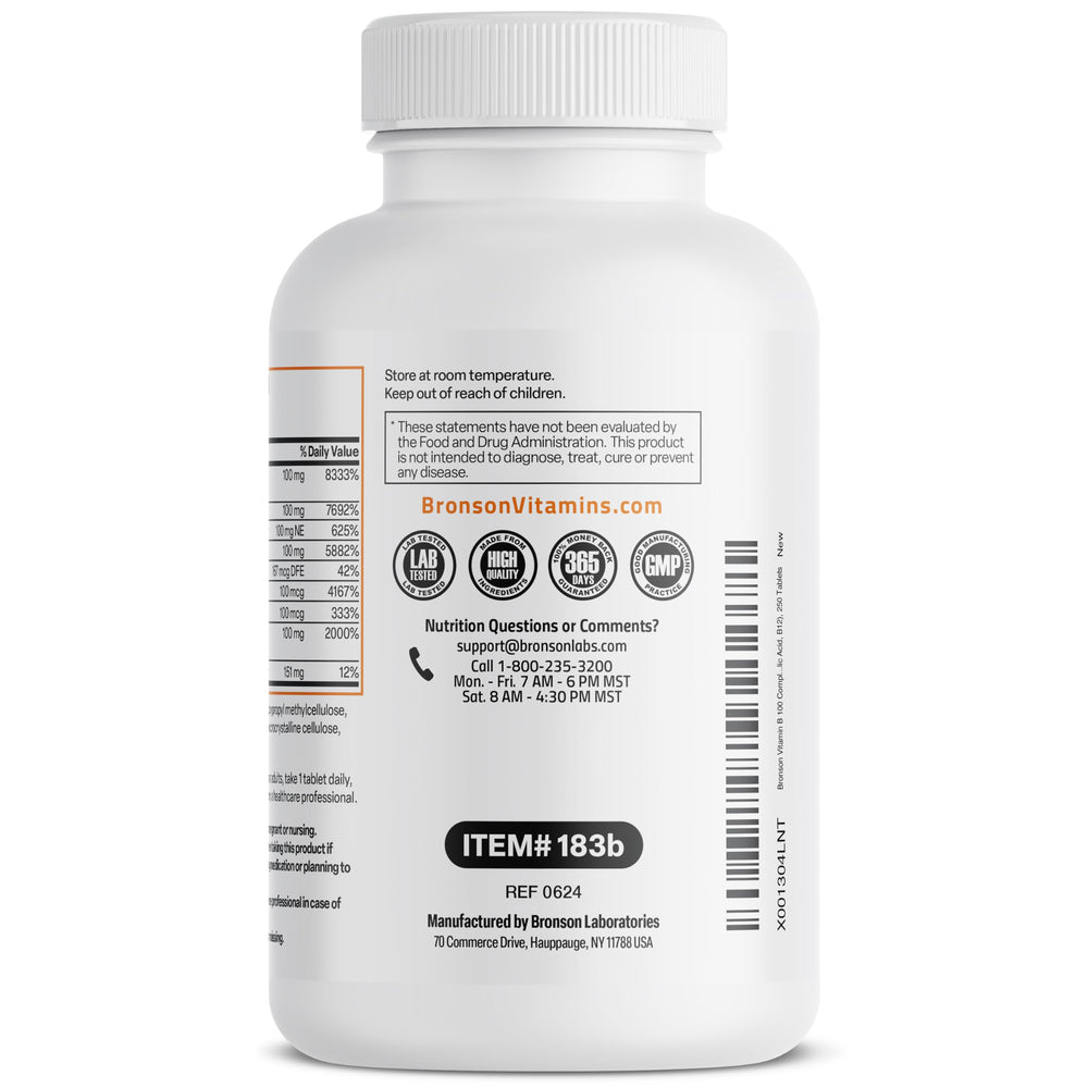 Bronson Super B 100 tablets dispensing from the bottle illustrates easy daily use.