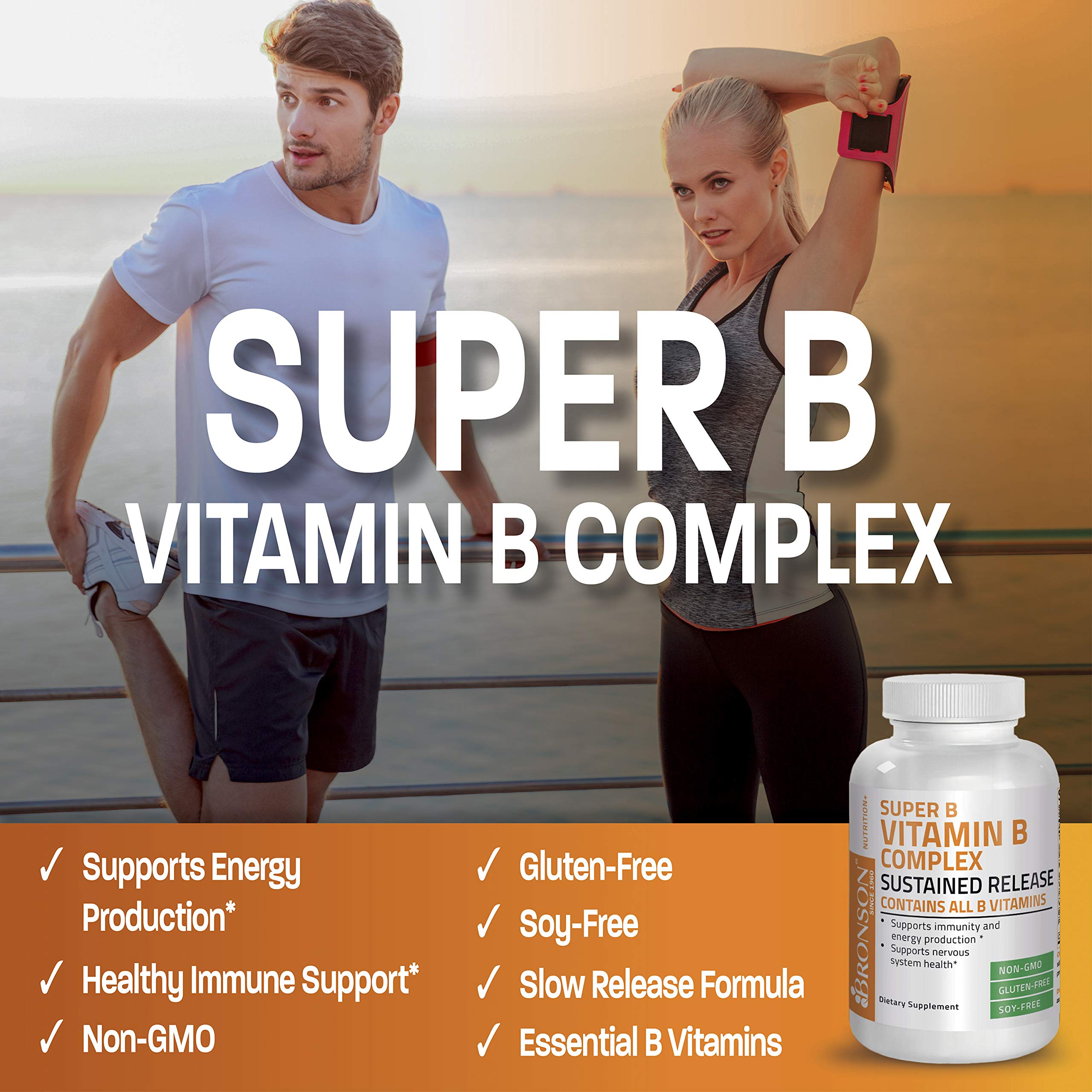 Bronson Super B Complex pill close-up highlighting easy-to-swallow tablets