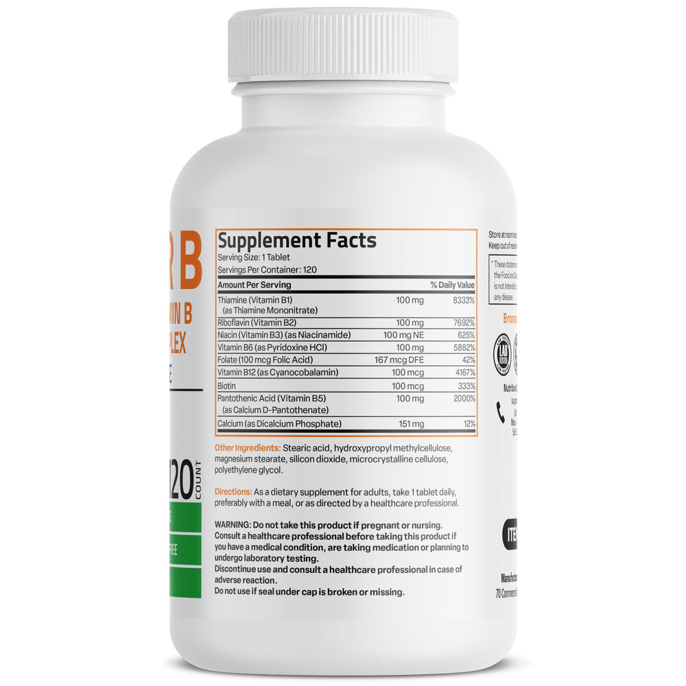 Bronson Super B100 bottle with label showing a full B vitamin complex