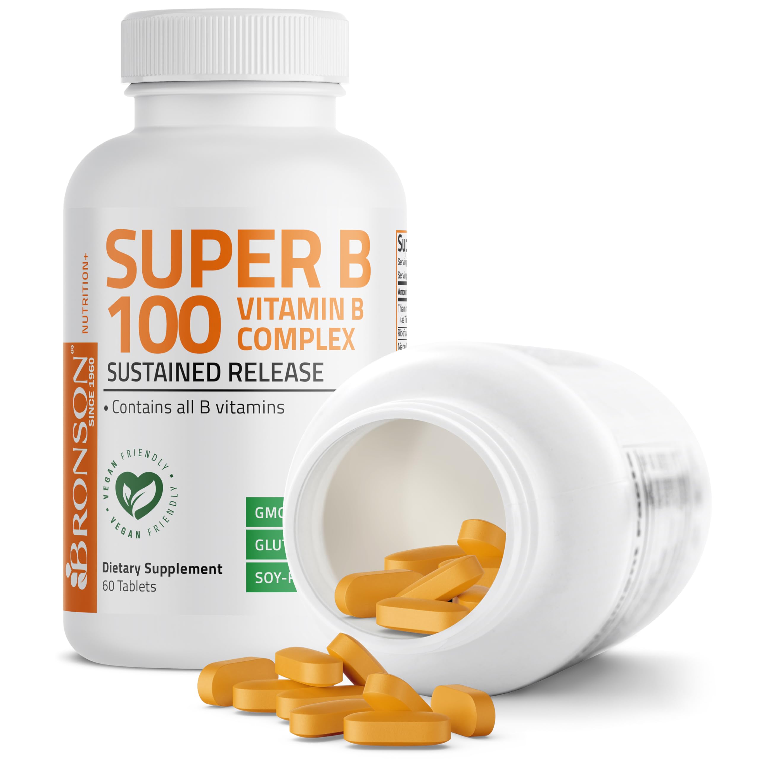 Bronson Super B100 bottle displays gluten-free and soy-free badges