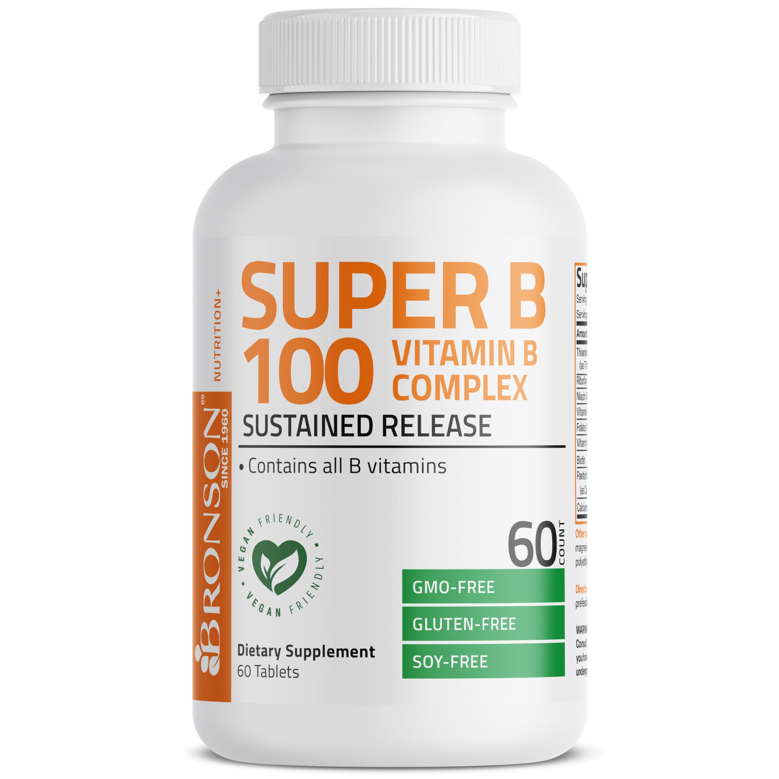Bronson Super B100 ingredients visual highlighting B1 to B12 and folic acid