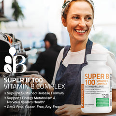 Bronson Super B100 sustained-release formula with GMO-free gluten-free and soy-free labeling
