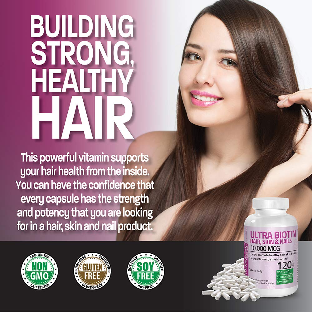 Bronson Ultra Biotin packaging front shows Non-GMO and gluten-free