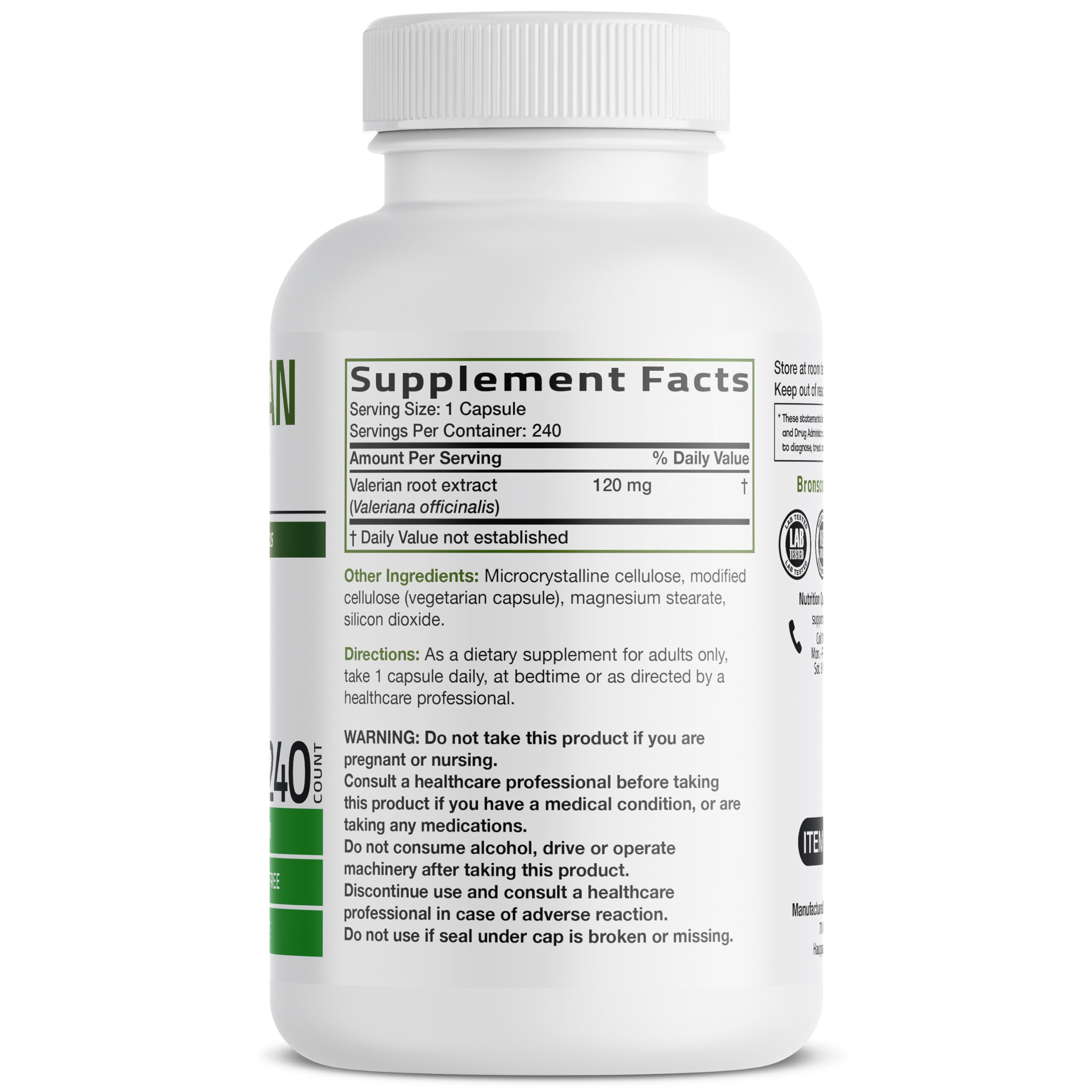 Bronson Valerian Root Capsules bottle closeup label emphasizes non-GMO and gluten-free.