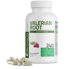 Bronson Valerian Root Capsules bottle front highlights relaxation-friendly formula.