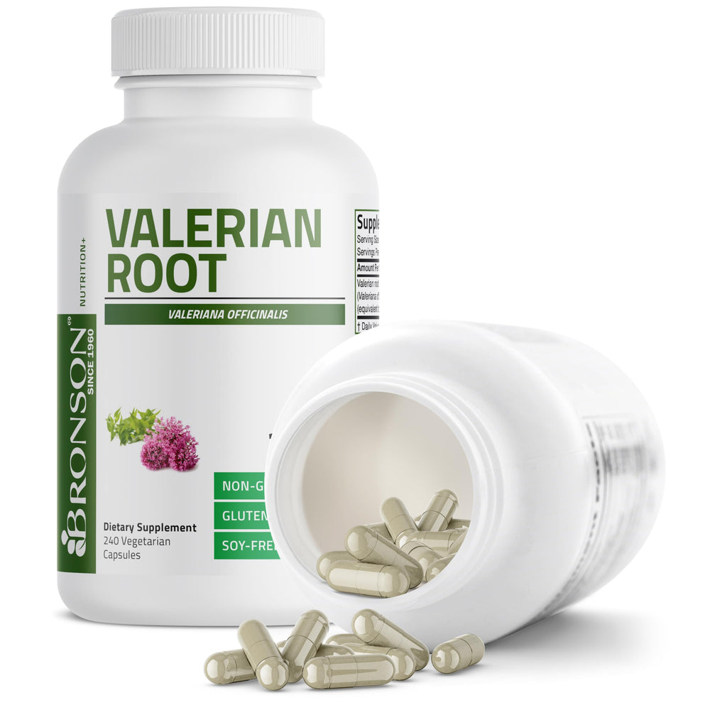 Bronson Valerian Root Capsules ingredients panel highlights vegetarian capsules.