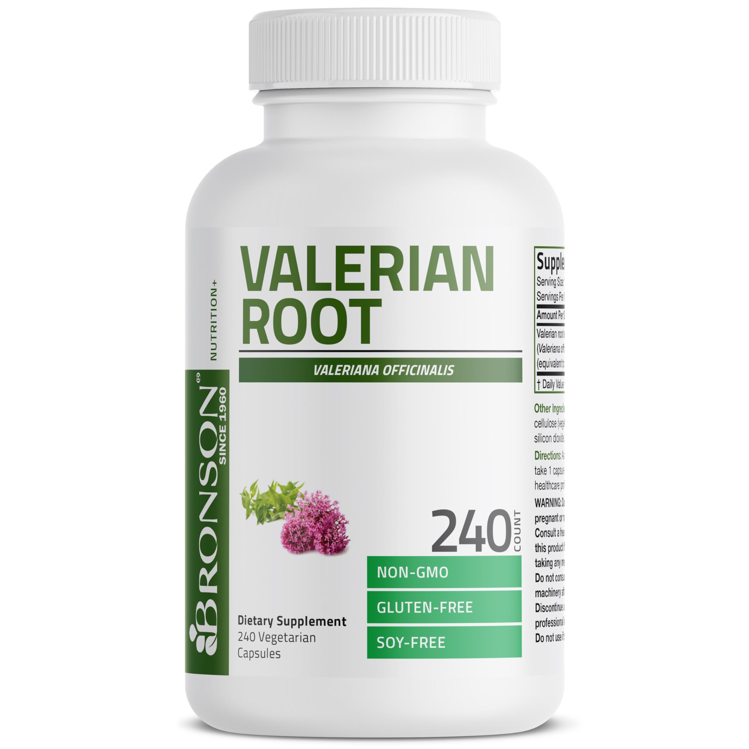 Bronson Valerian Root Capsules packaging box showcases extra-strength formula.