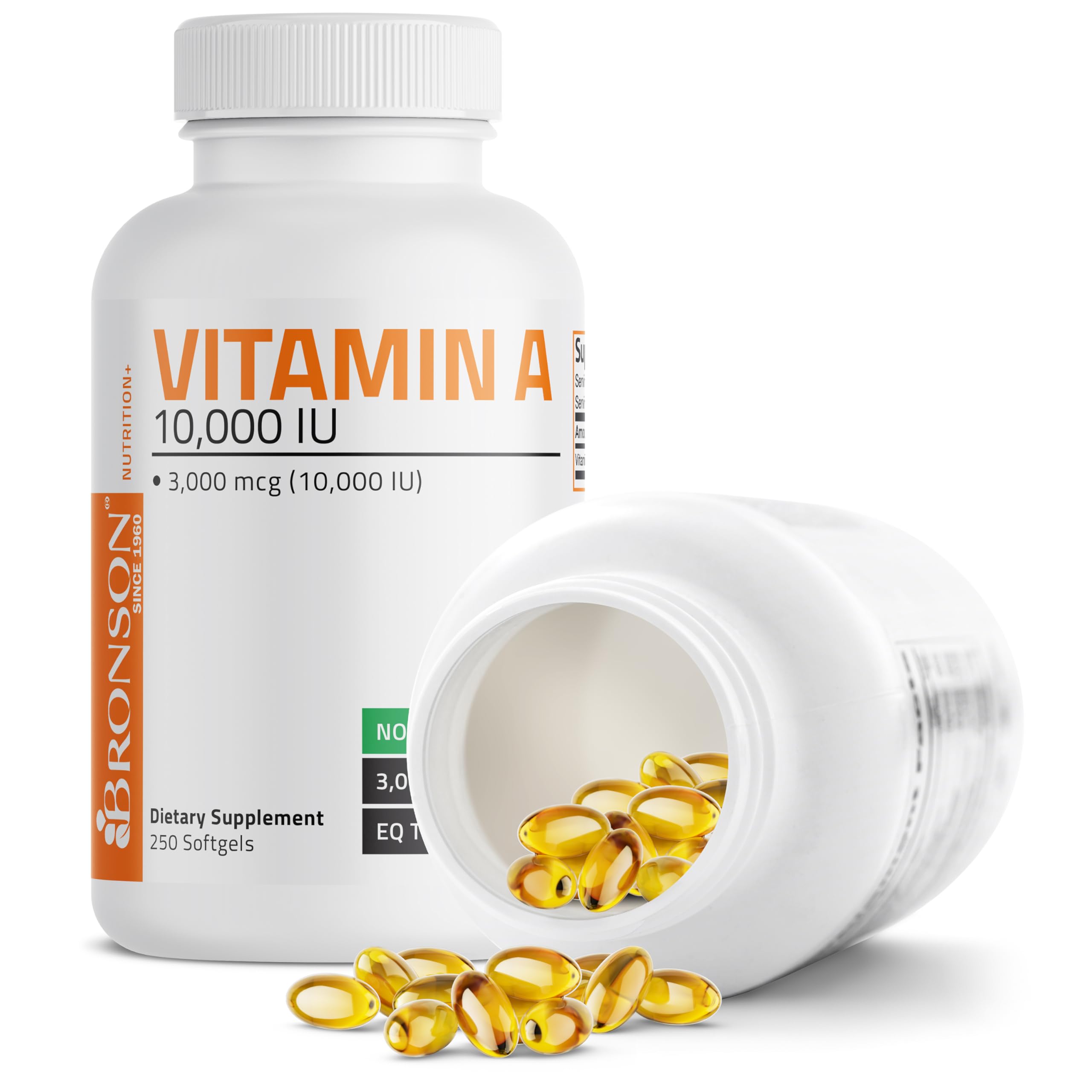 Bronson Vitamin A 10,000 IU softgel packaging in box reflects trusted Bronson brand