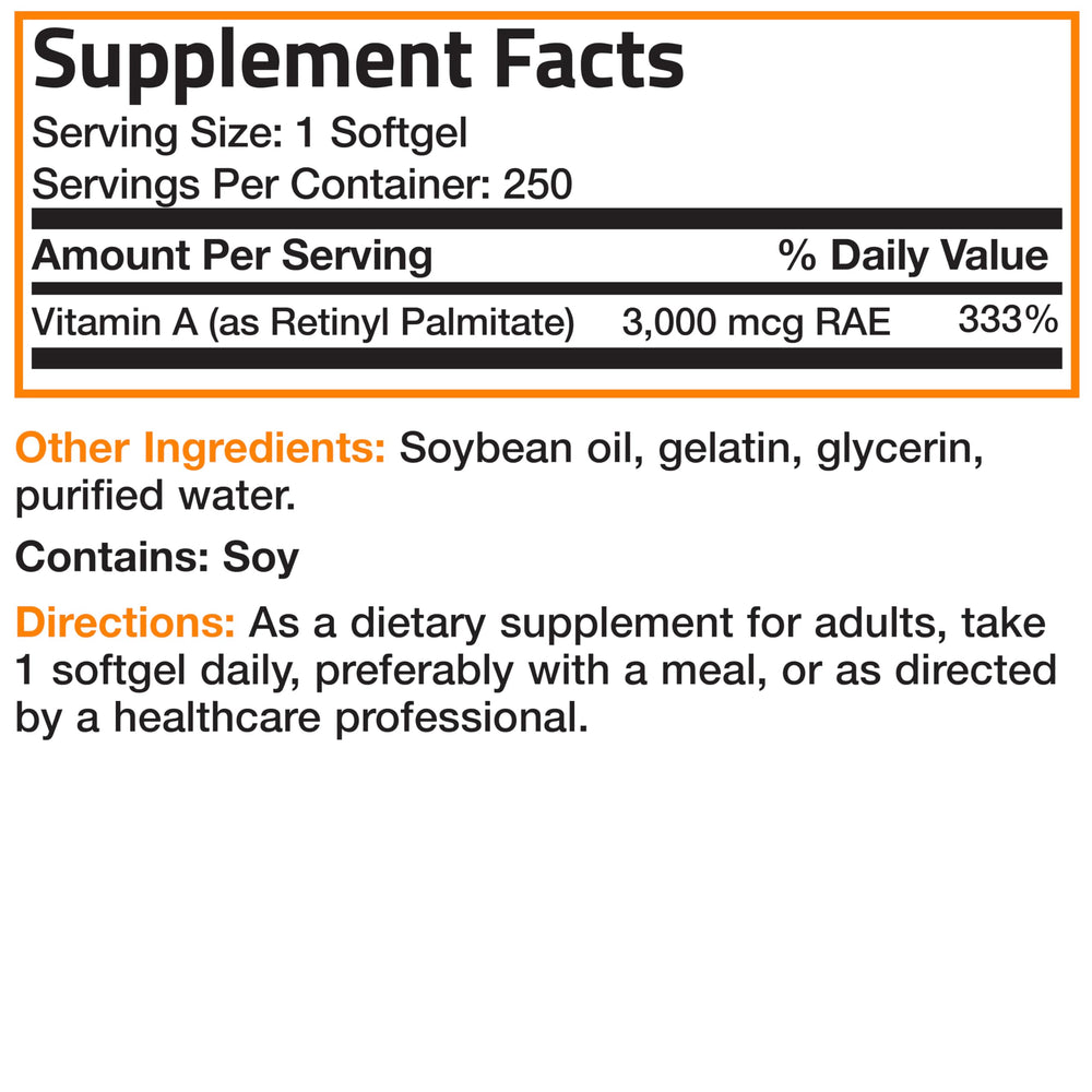 Bronson Vitamin A 10,000 IU softgel Non-GMO seal signals purity and safety