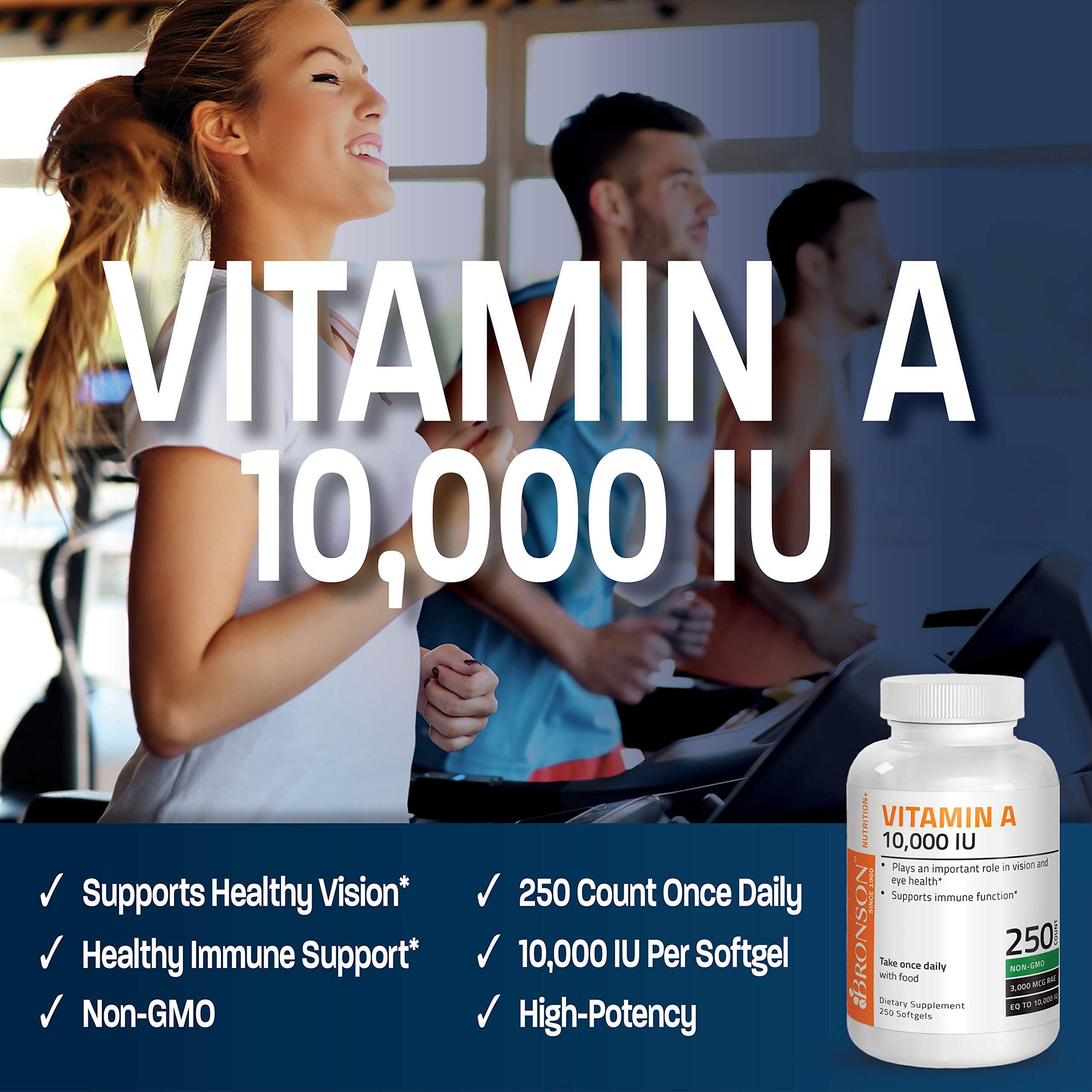 Bronson Vitamin A 10,000 IU softgel pour highlighting convenient daily capsules