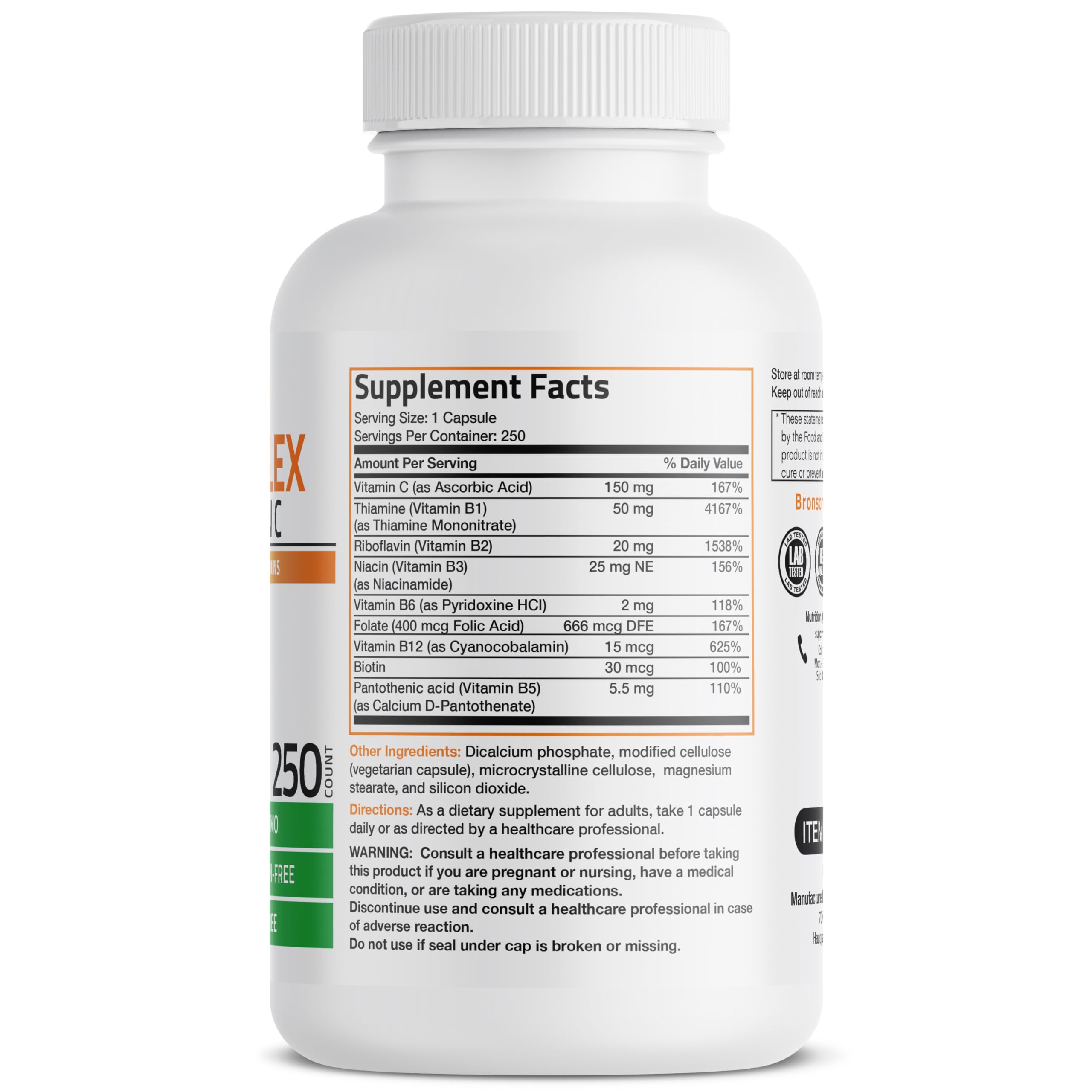 Bronson Vitamin B Complex capsules close-up highlighting a vegetarian formula for daily use