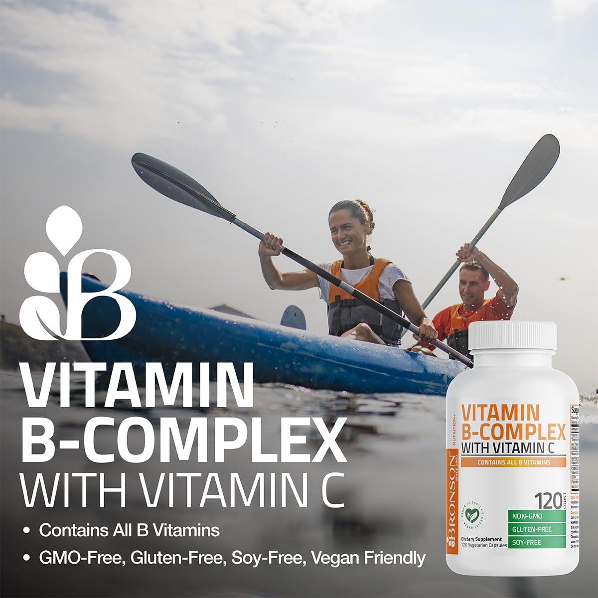 Bronson Vitamin B Complex label close-up with Non-GMO and gluten-free details