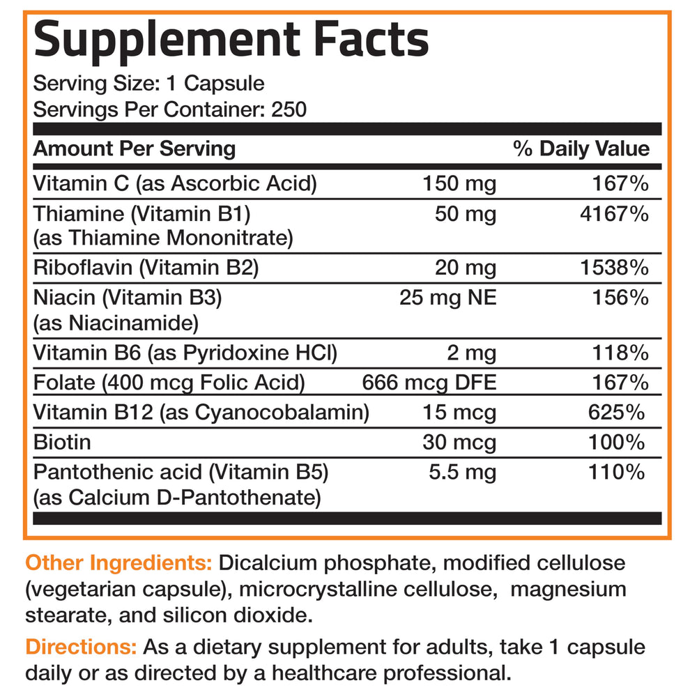 Bronson Vitamin B Complex pill close-up ready to take as part of a meal