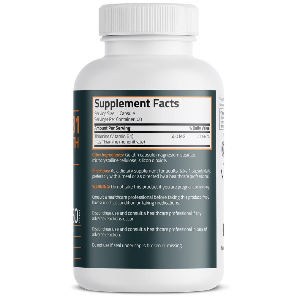 Bronson Vitamin B1 capsules close-up for potent thiamine intake