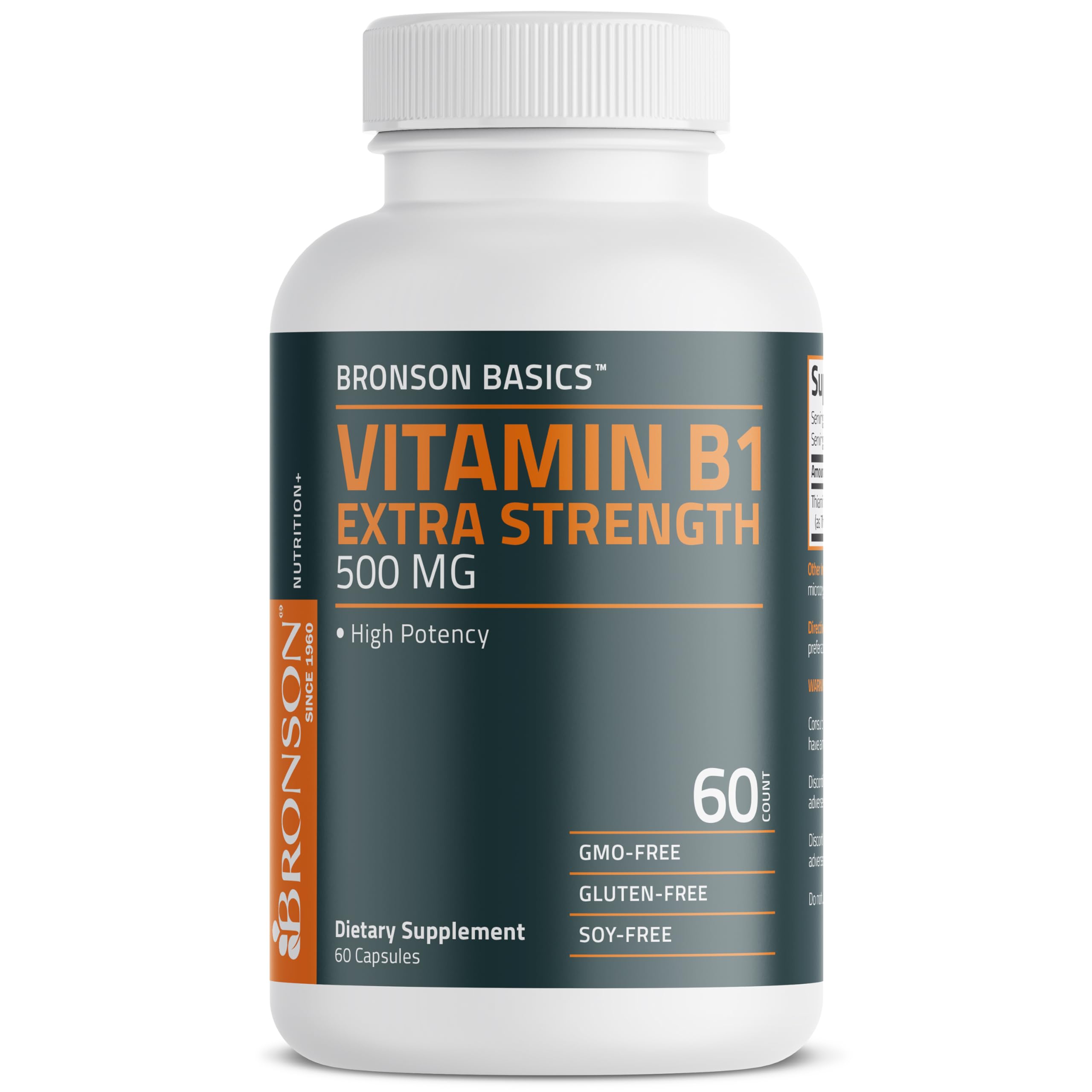 Open bottle of Bronson Vitamin B1 Extra Strength capsules for convenient daily dose