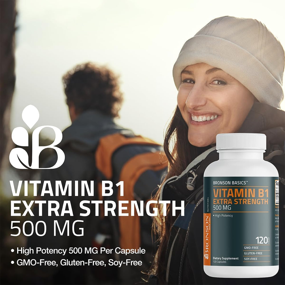 Packaging for Bronson Vitamin B1 Extra Strength highlighting non-GMO and gluten-free info