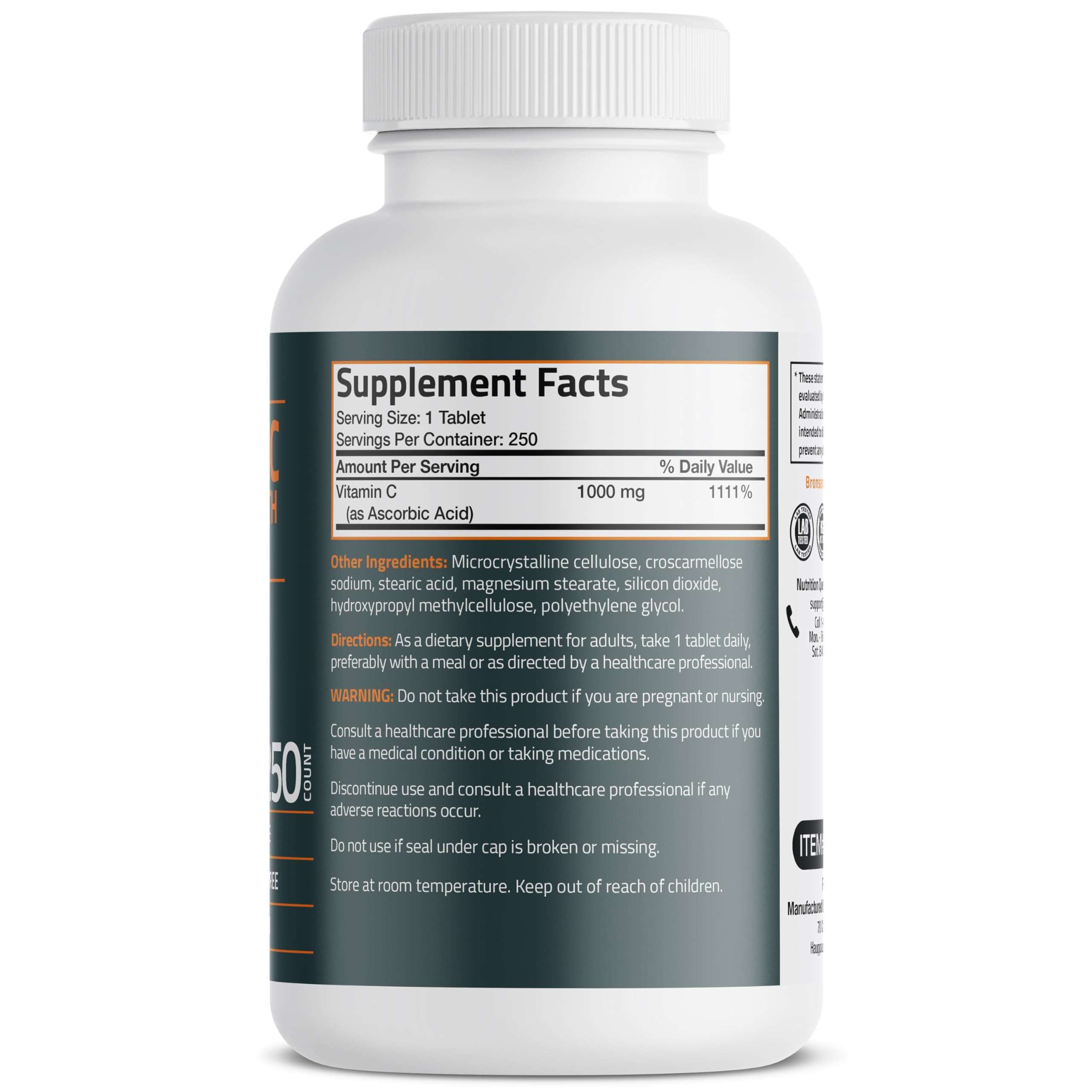 Bronson Vitamin C 1000mg bottle label closeup highlights high potency