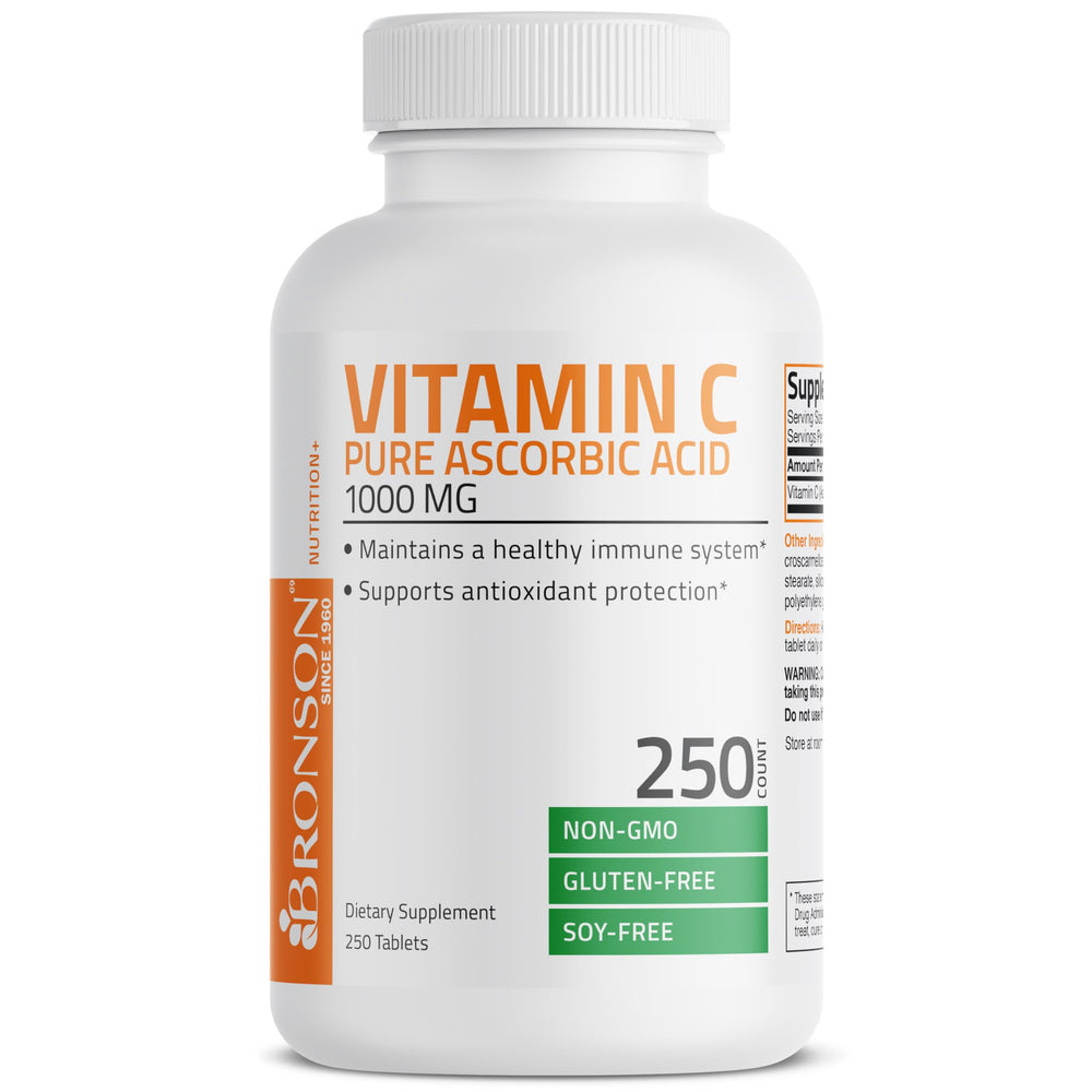 Bronson Vitamin C 1000mg bottle on a table in a kitchen setting