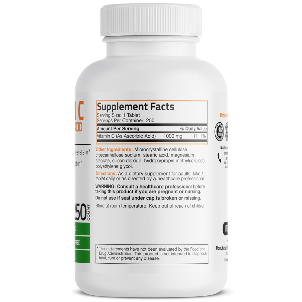 Bronson Vitamin C 1000mg tablet back view showing label details