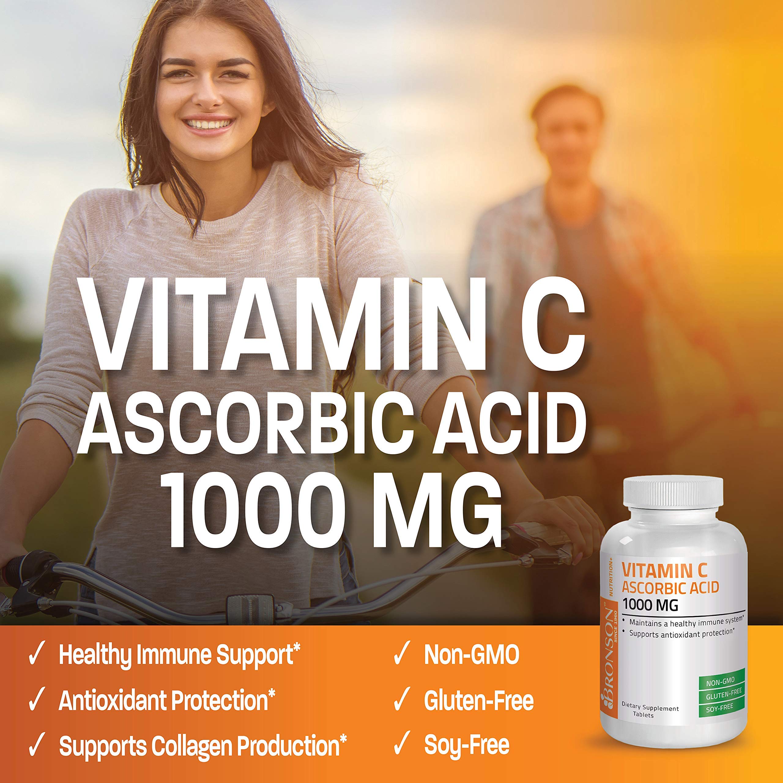 Bronson Vitamin C 1000mg tablets pouring into a hand for dosing
