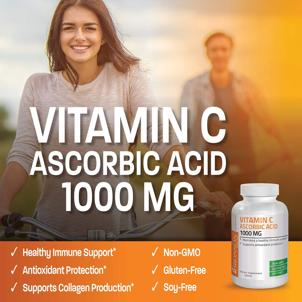 Bronson Vitamin C 1000mg tablets pouring into a hand for dosing