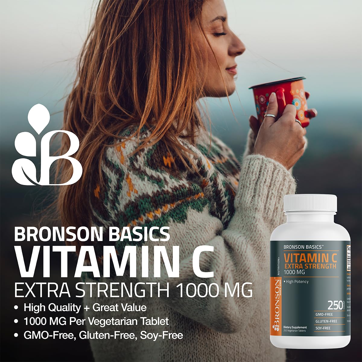 Bronson Vitamin C 1000mg vegetarian tablets stacked for everyday wellness