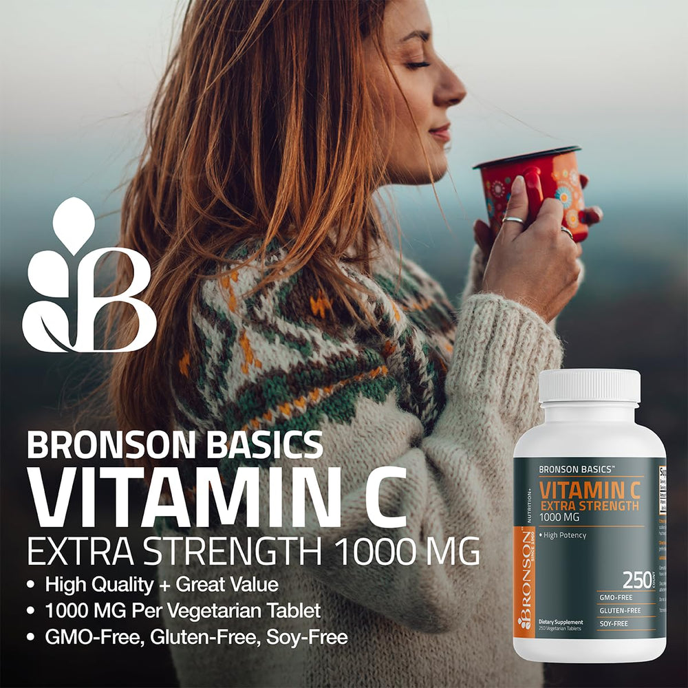 Bronson Vitamin C 1000mg vegetarian tablets stacked for everyday wellness