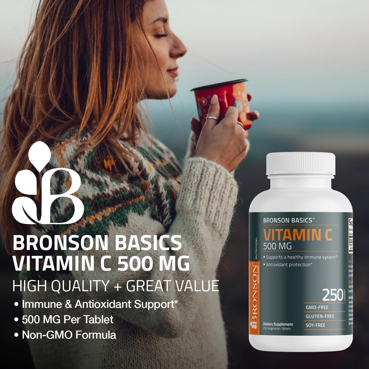 Bronson Vitamin C 500mg bottle on shelf conveys convenient daily immune support