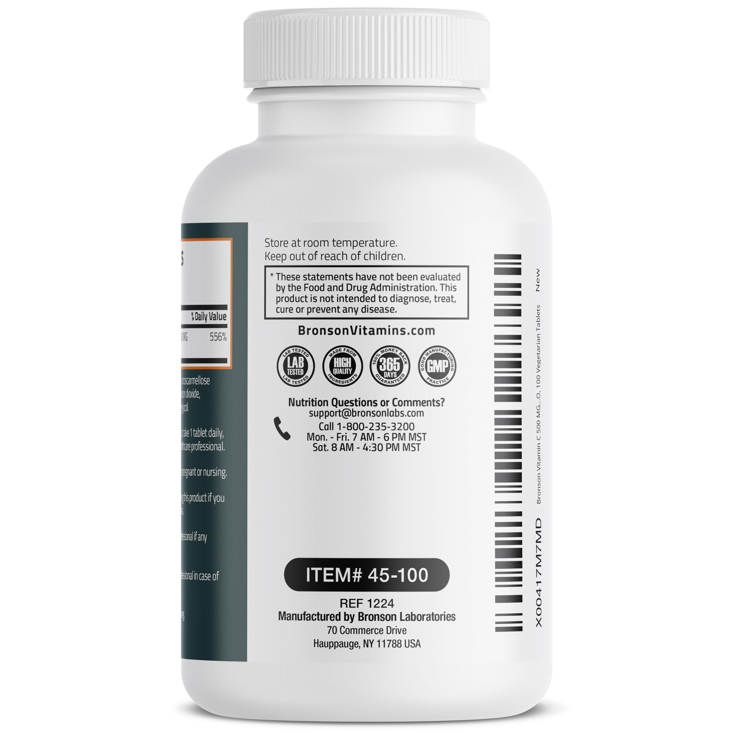 Bronson Vitamin C 500mg packaging view emphasizes quality and cGMP standards