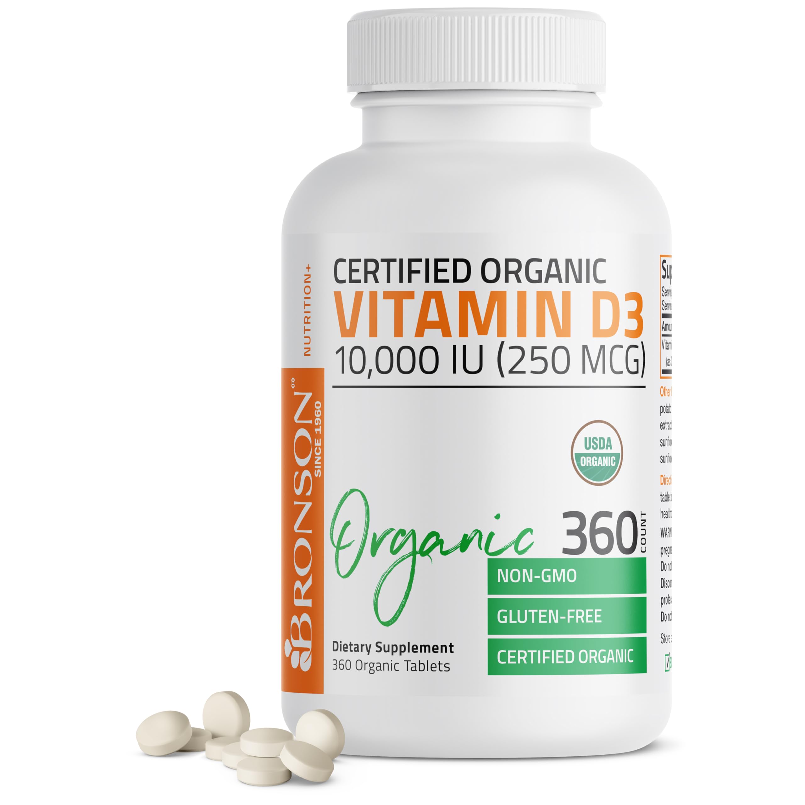 Bronson Vitamin D3 10,000 IU organic bottle label for immune support and bone health