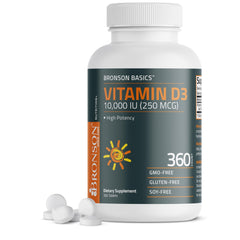 Bronson Vitamin D3 10,000 IU bottle label shows high potency for daily wellness.