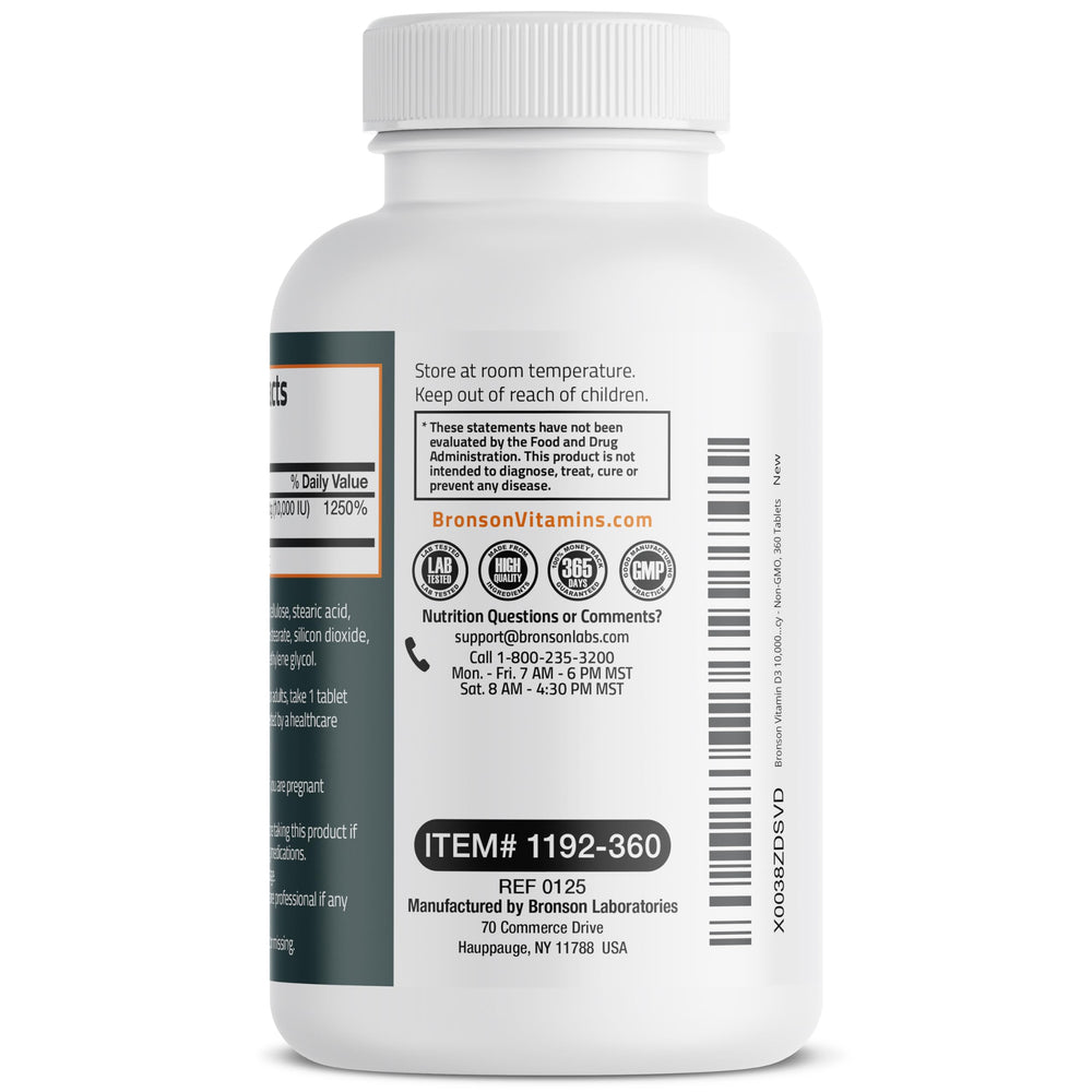 Bronson Vitamin D3 packaging communicates GMO-free, gluten-free, soy-free qualities.
