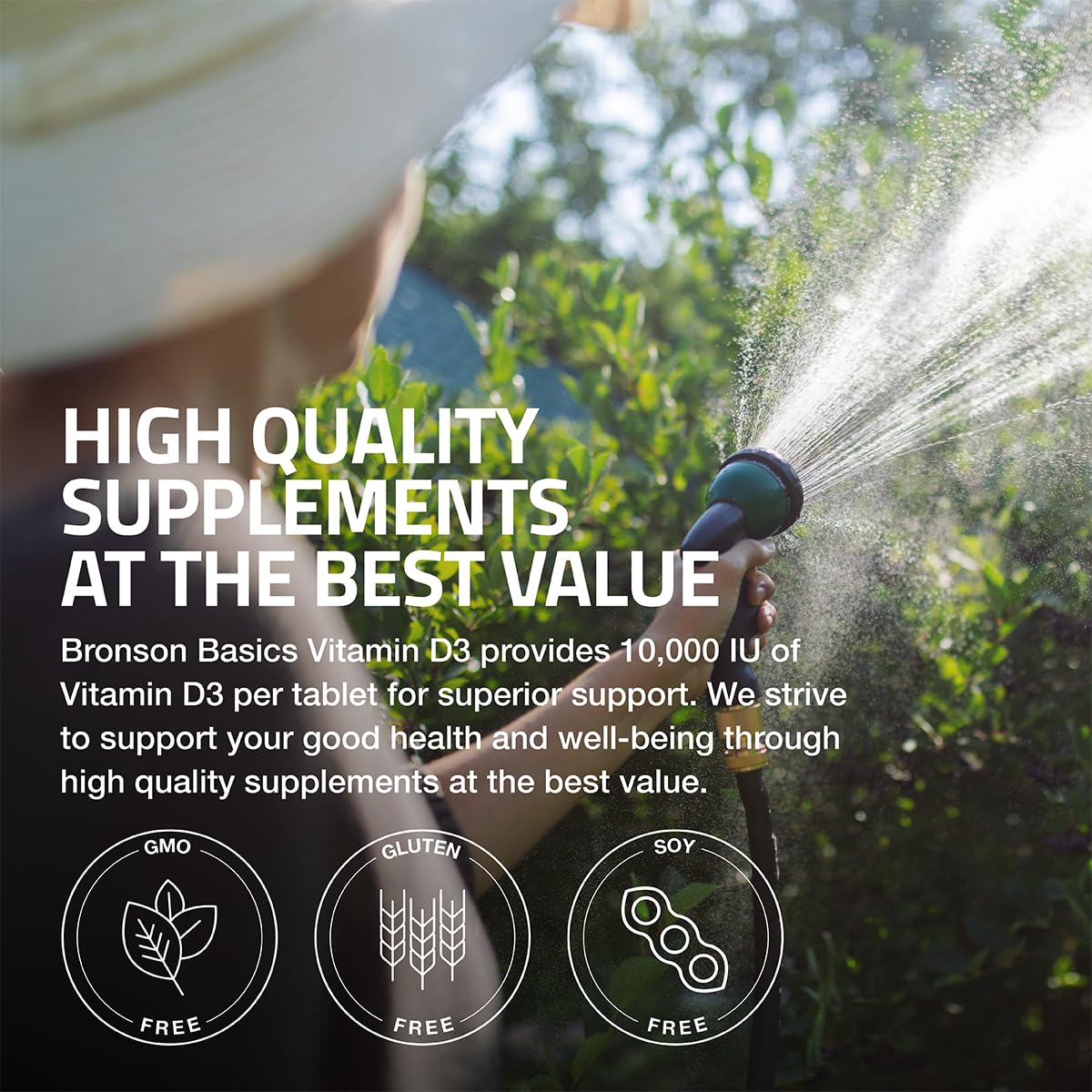 Nutrition facts panel of Bronson Vitamin D3 highlighting non-GMO and gluten-free ingredients.