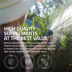 Nutrition facts panel of Bronson Vitamin D3 highlighting non-GMO and gluten-free ingredients.