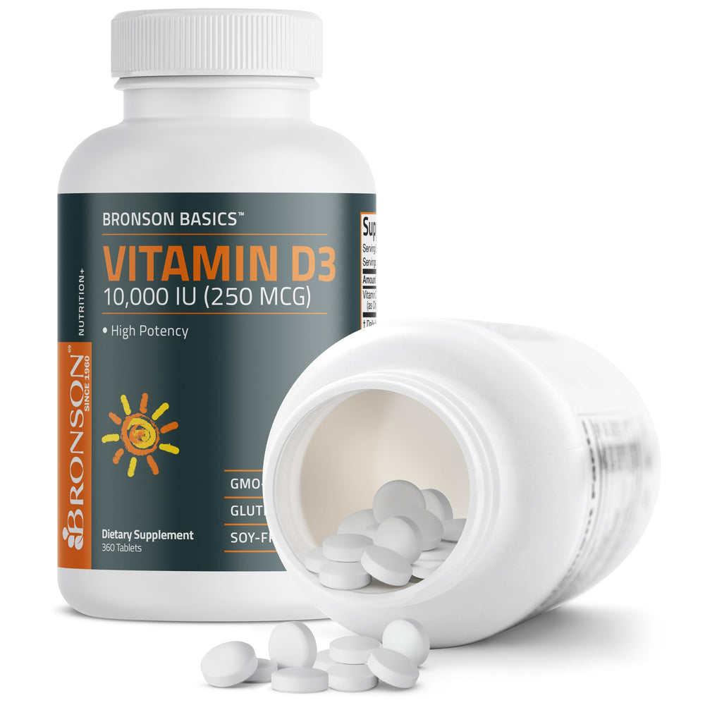 Sun-inspired imagery with Bronson Vitamin D3 bottle suggesting sunlight-derived vitamin D.