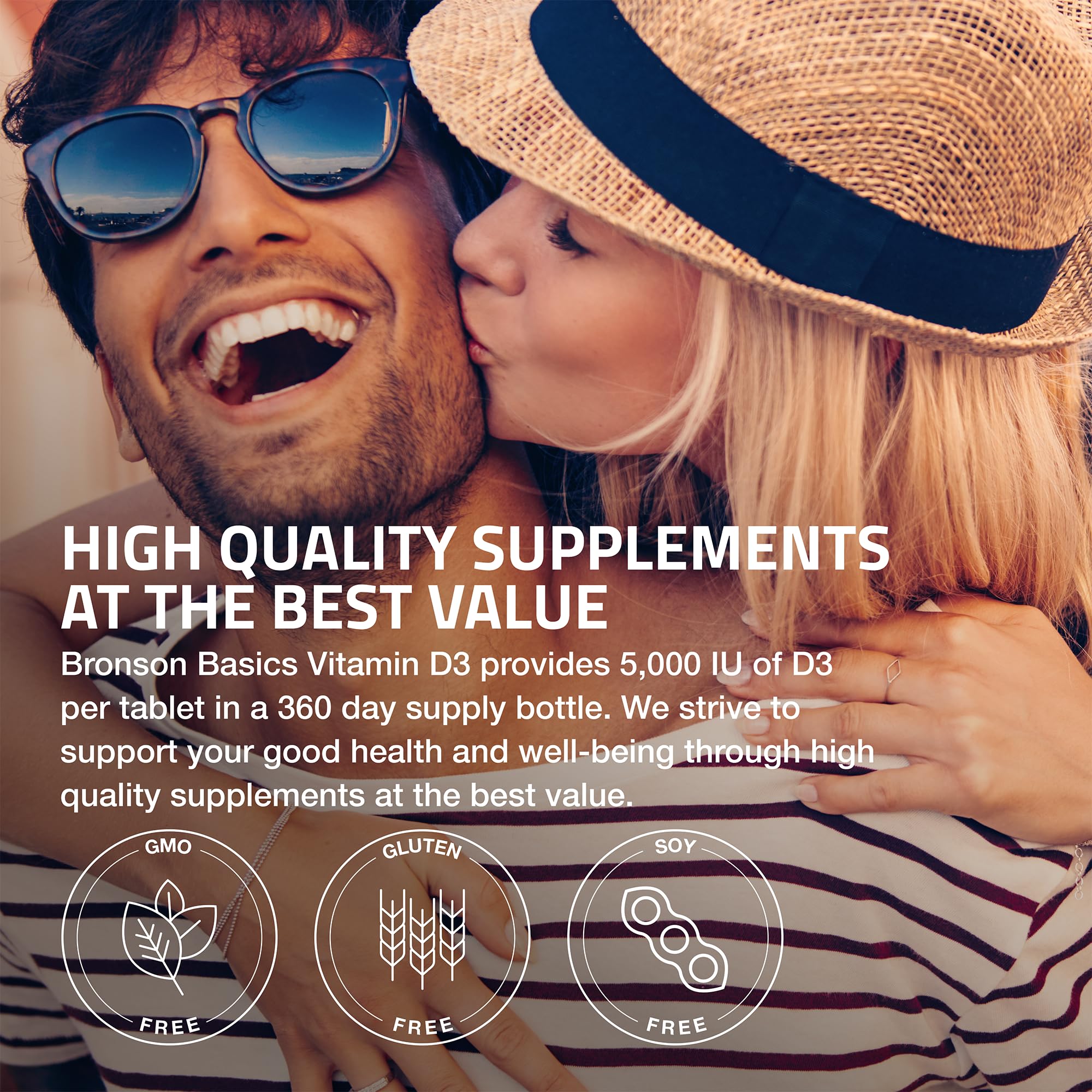 Bronson Vitamin D3 5000IU bottle design emphasizing non-GMO, gluten-free, soy-free.