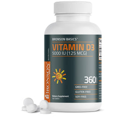 Bronson Vitamin D3 5000IU bottle on shelf for daily wellness.
