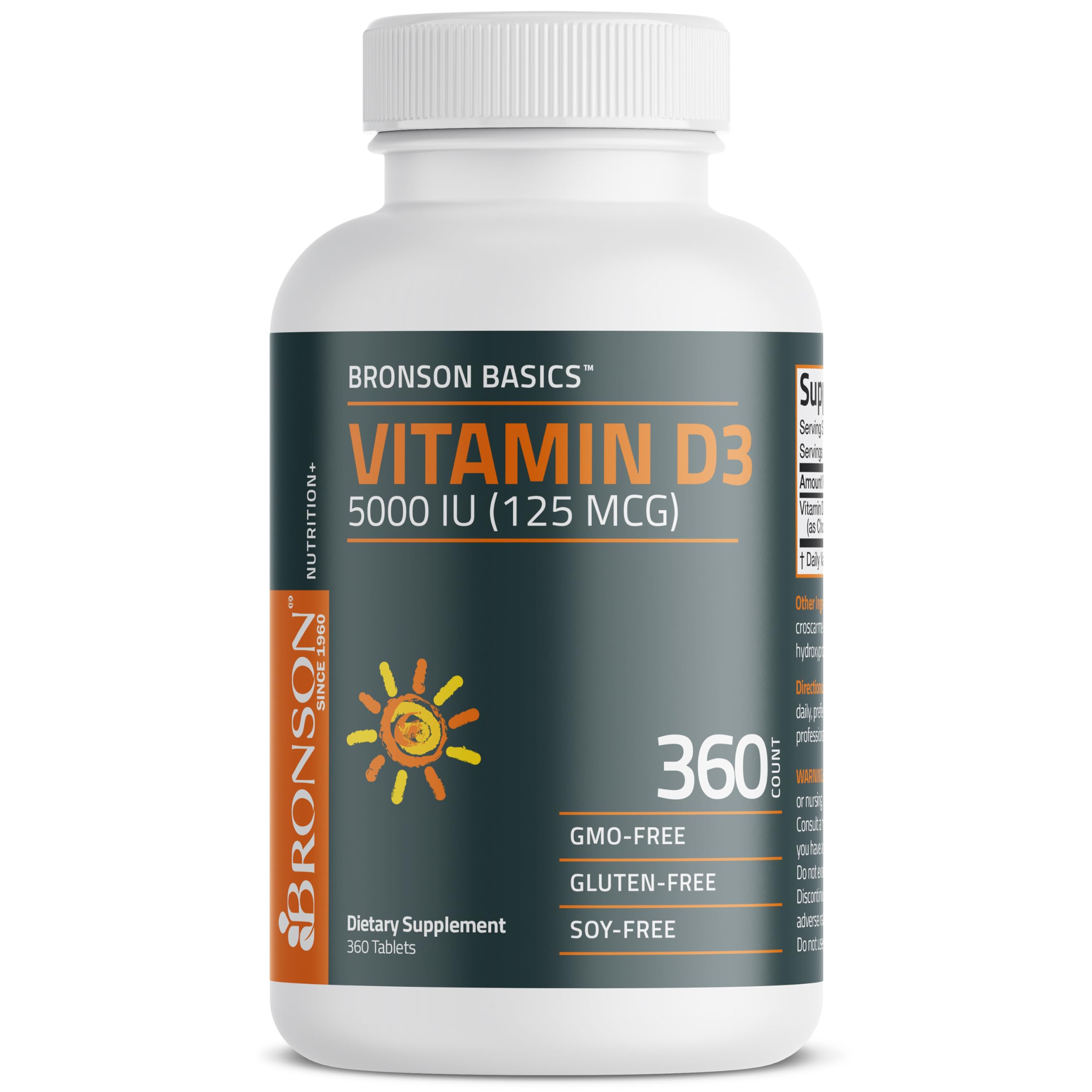 Bronson Vitamin D3 5000IU facts panel shows quality standards and certifications.