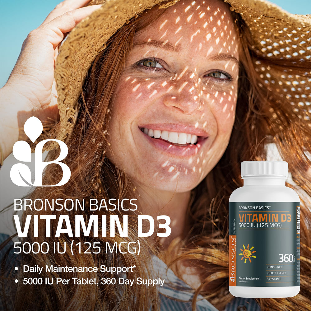 Bronson Vitamin D3 5000IU label detail highlighting a 360-tablet supply.