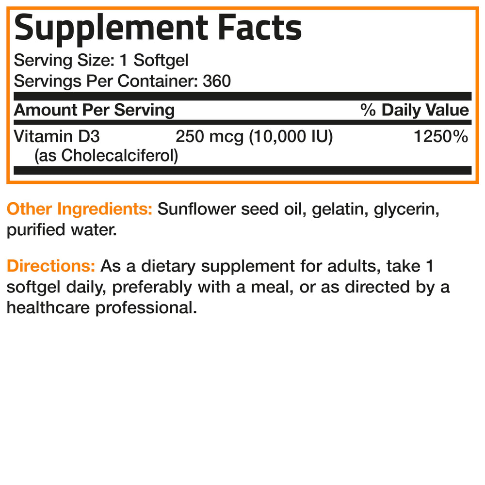 Bronson Vitamin D3 label emphasizes daily use and health support