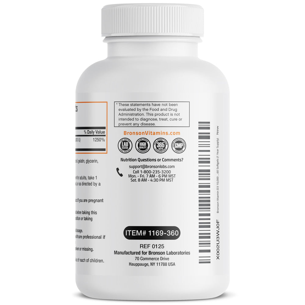 Bronson Vitamin D3 non-GMO gluten-free soy-free packaging details