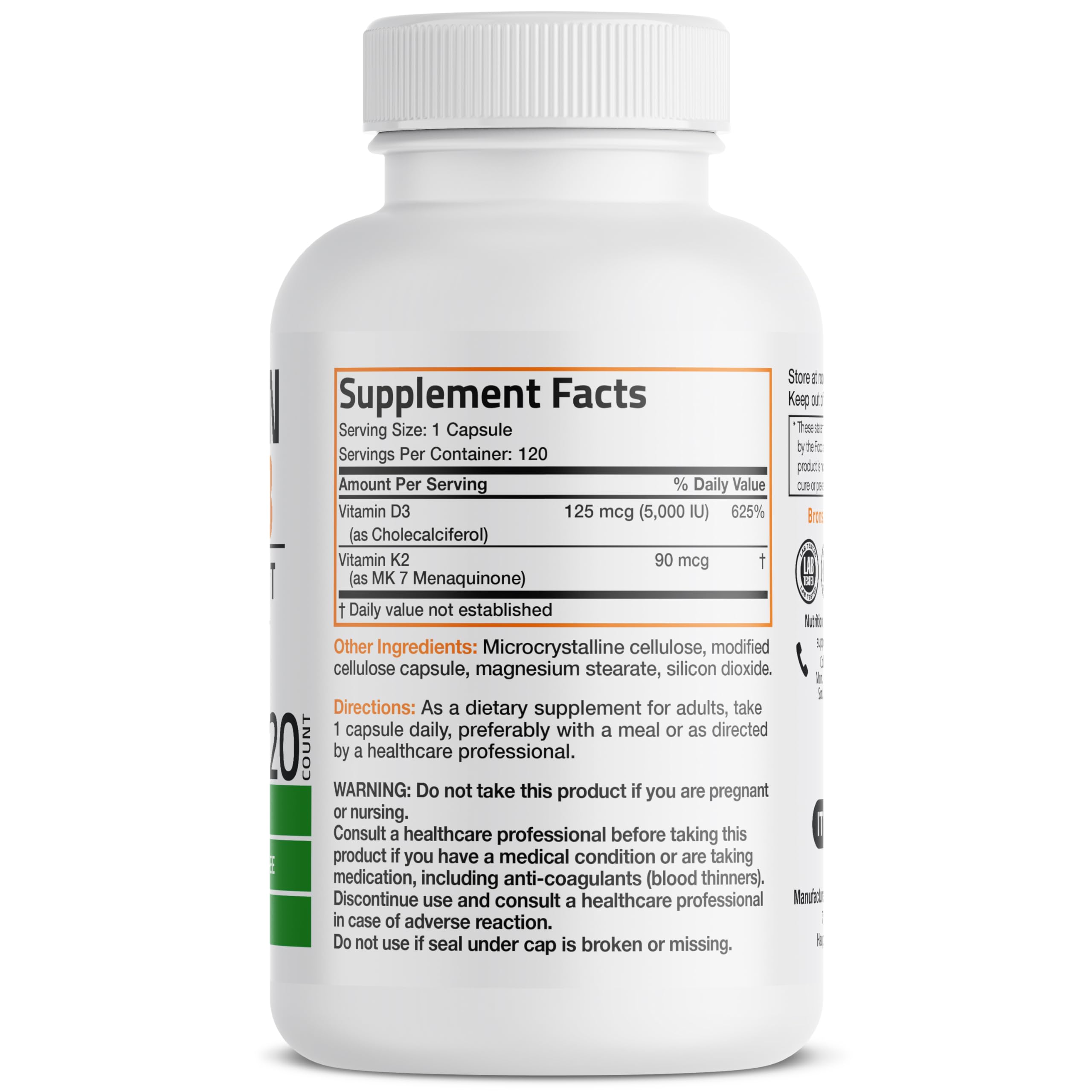Closeup of Bronson capsules shows non-GMO, gluten-free formula