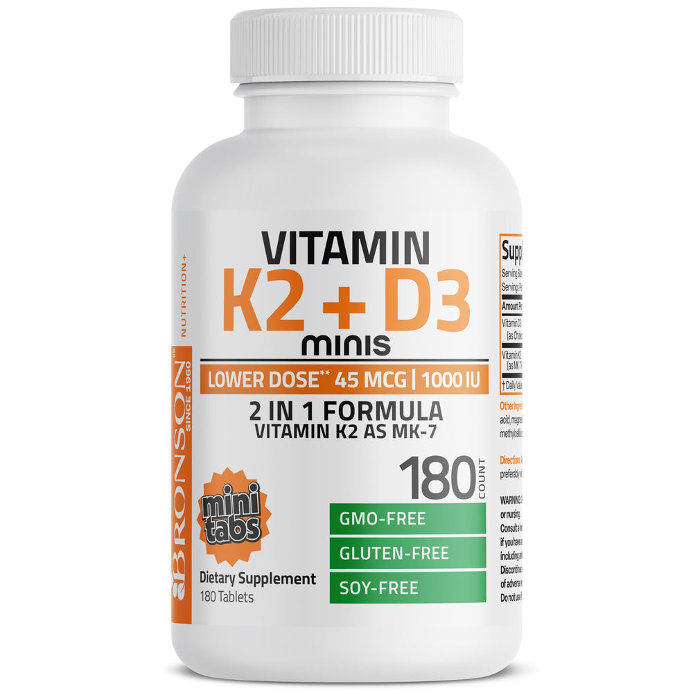 Bronson Vitamin K2 D3 Minis tablets on dish; quick daily ritual.