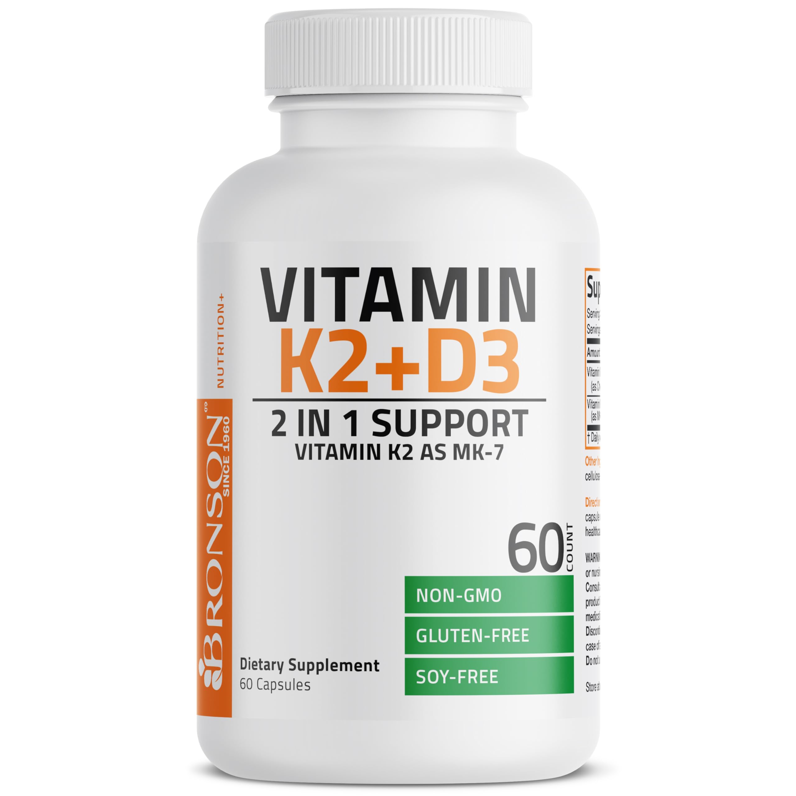 Bronson Vitamin K2 D3 MK7 packaging highlighting non-GMO and allergen-free features