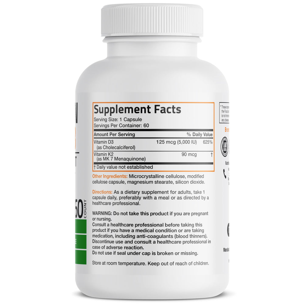 Bronson Vitamin K2 D3 MK7 capsules close-up showing easy-to-swallow pills